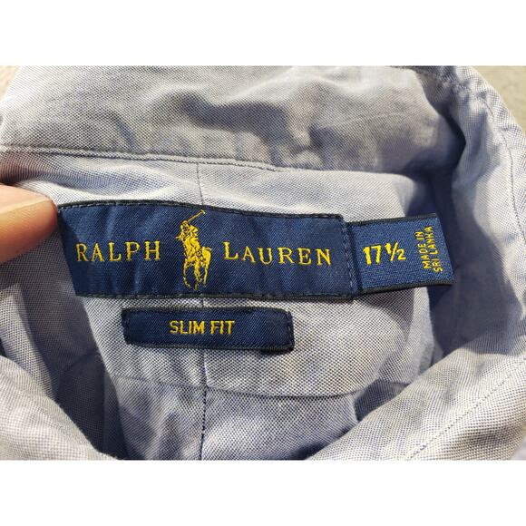 Ralph Lauren Shirt Men's 17.5 Blue Slim Fit Button Up 100% Cotton Distressed - Picture 7 of 12